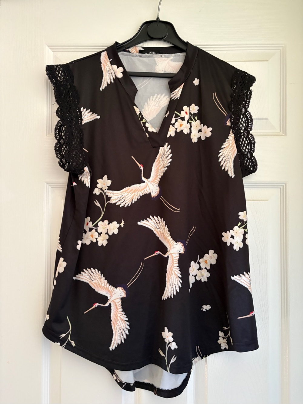 Satiny Black Crane Floral Lace-Sleeve V-Neck Top